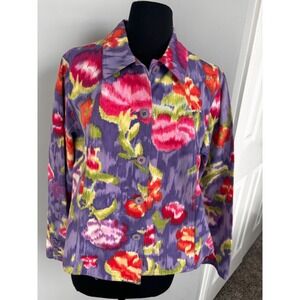 Coldwater Creek Floral Button Down Shirt Jacket Purple Pink Cotton‎ Blend M